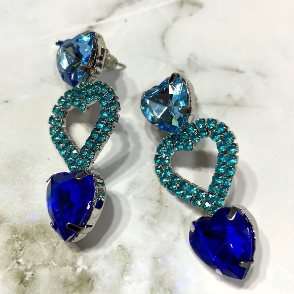 Romantic Blue Crystal Three Heart Drop Earrings - Picture 14 of 17